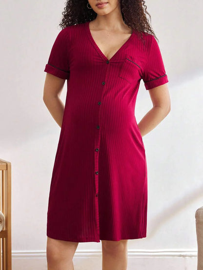 Maternity Short Sleeve Ribbed Nursing Nightgown - Button Front Fashion Loungewear, Breastfeeding