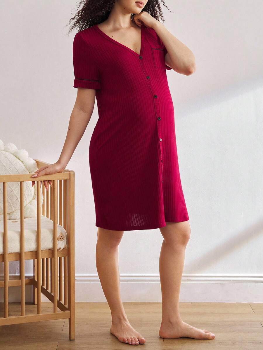 Maternity Short Sleeve Ribbed Nursing Nightgown - Button Front Fashion Loungewear, Breastfeeding