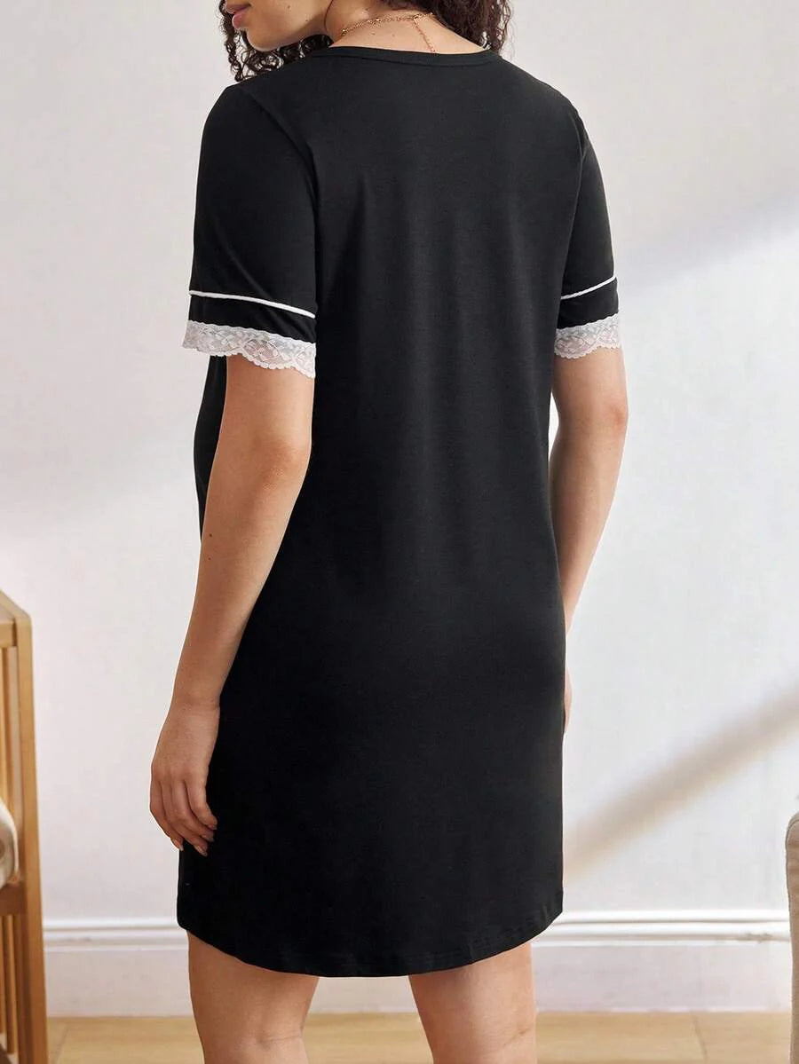 Black Lace Trim Maternity Sleepwear Dress - Short Sleeve Button Up Nightgown - High Stretch V Neck Lounge Dress for Pregnant Women