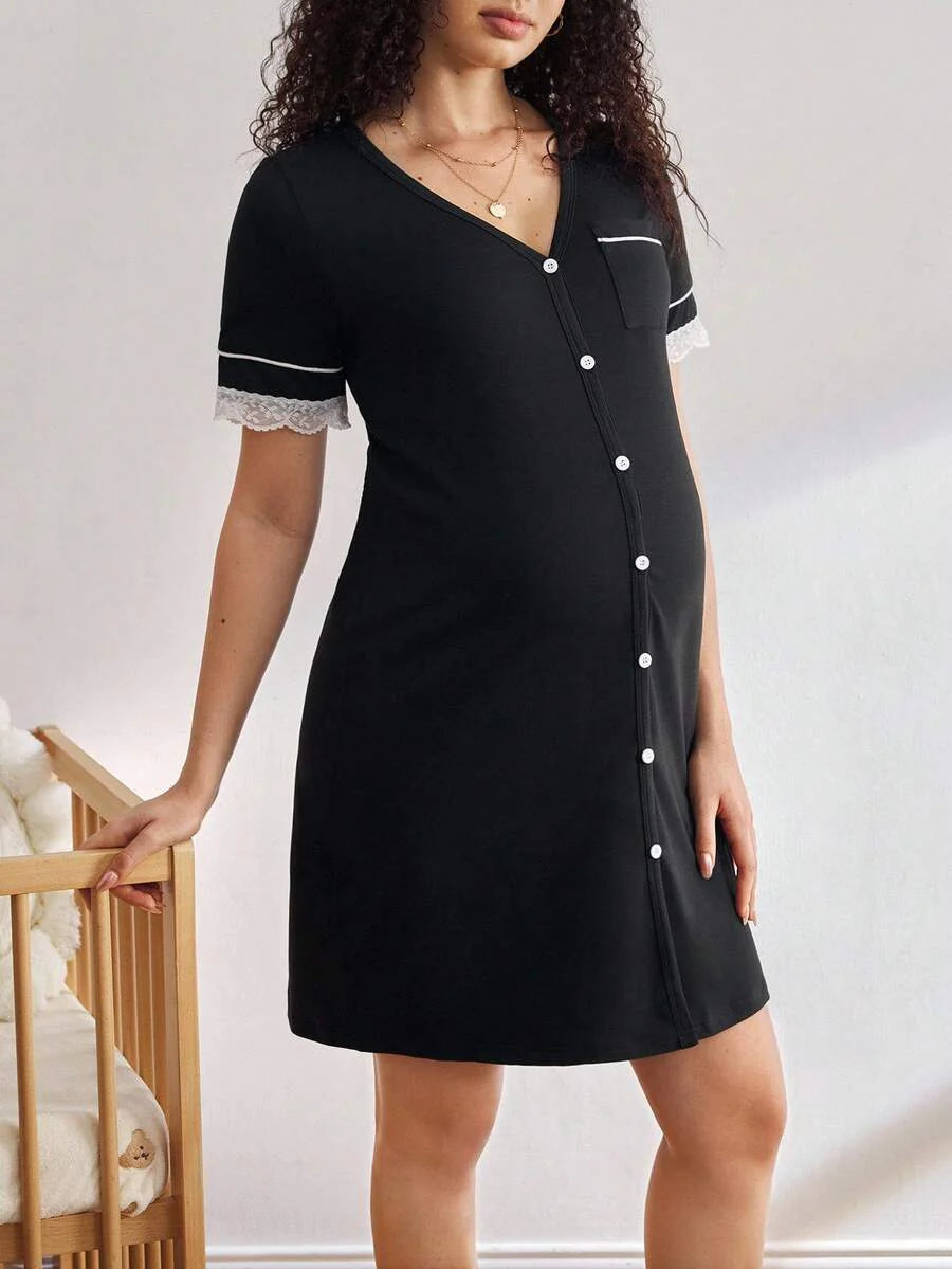 Black Lace Trim Maternity Sleepwear Dress - Short Sleeve Button Up Nightgown - High Stretch V Neck Lounge Dress for Pregnant Women