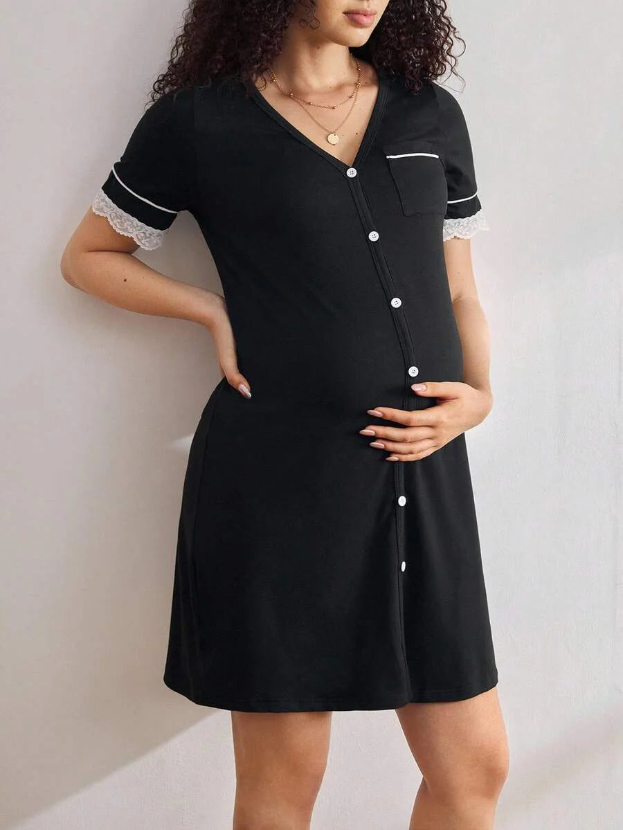 Maternity Short Sleeve Nursing Nightgown - Lace Button Front Fashion Loungewear, Breastfeeding