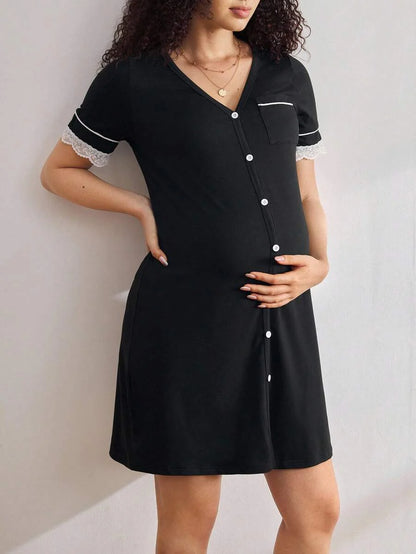 Black Lace Trim Maternity Sleepwear Dress - Short Sleeve Button Up Nightgown - High Stretch V Neck Lounge Dress for Pregnant Women