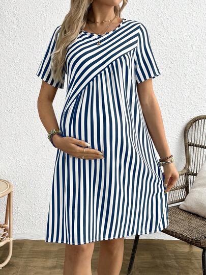 Maternity Short Sleeve Striped A-Line Dress Round Neck Button Detail Casual Blue and White Short Summer Dress
