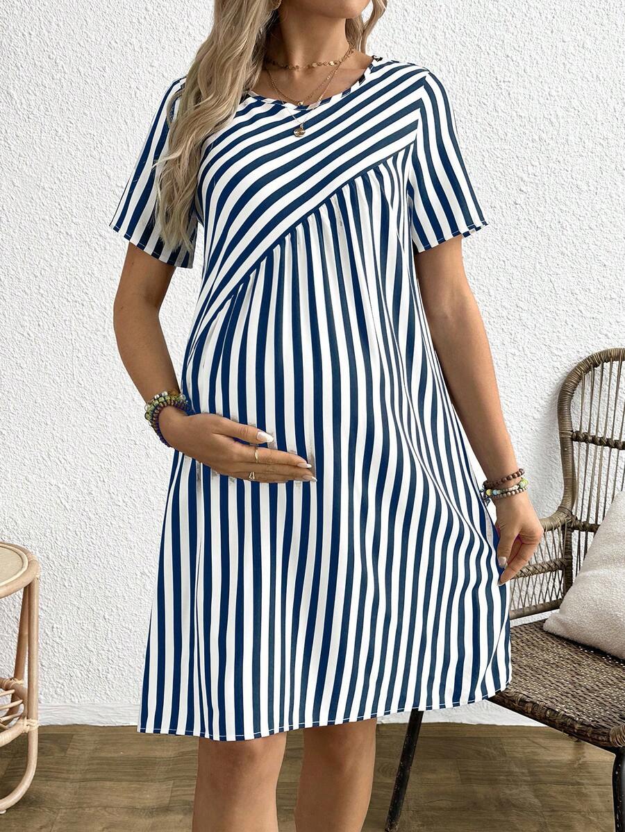 Maternity Striped Round Neck Short Sleeve A-Line Dress Casual Red and White Short Maternity Dress with Button Details