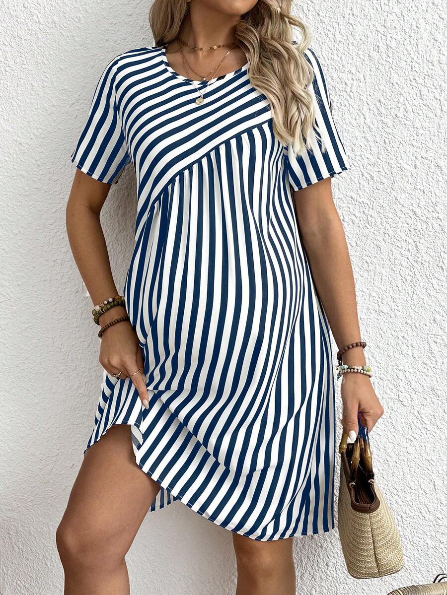 Maternity Striped Round Neck Short Sleeve A-Line Dress Casual Red and White Short Maternity Dress with Button Details