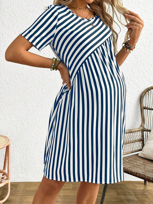 Maternity Short Sleeve Striped A-Line Dress Round Neck Button Detail Casual Blue and White Short Summer Dress