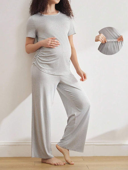 Maternity Pleated Pajama Set Women Comfortable Nursing Sleepwear Pleated Top and Pants Lounge Set
