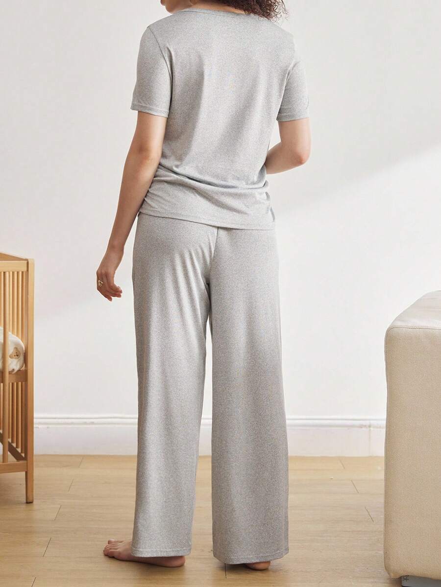 Maternity Pleated Pajama Set Women Comfortable Nursing Sleepwear Pleated Top and Pants Lounge Set