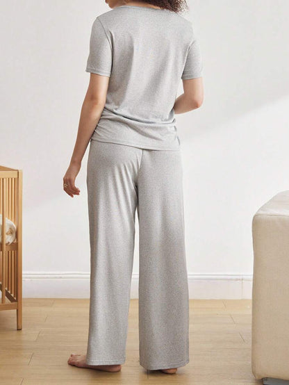 Maternity Pleated Pajama Set Women Comfortable Nursing Sleepwear Pleated Top and Pants Lounge Set