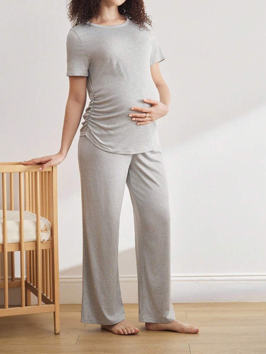 Maternity Pleated Pajama Set Women Comfortable Nursing Sleepwear Pleated Top and Pants Lounge Set