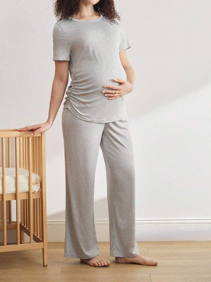 Maternity Pleated Pajama Set Women Comfortable Nursing Sleepwear Pleated Top and Pants Lounge Set