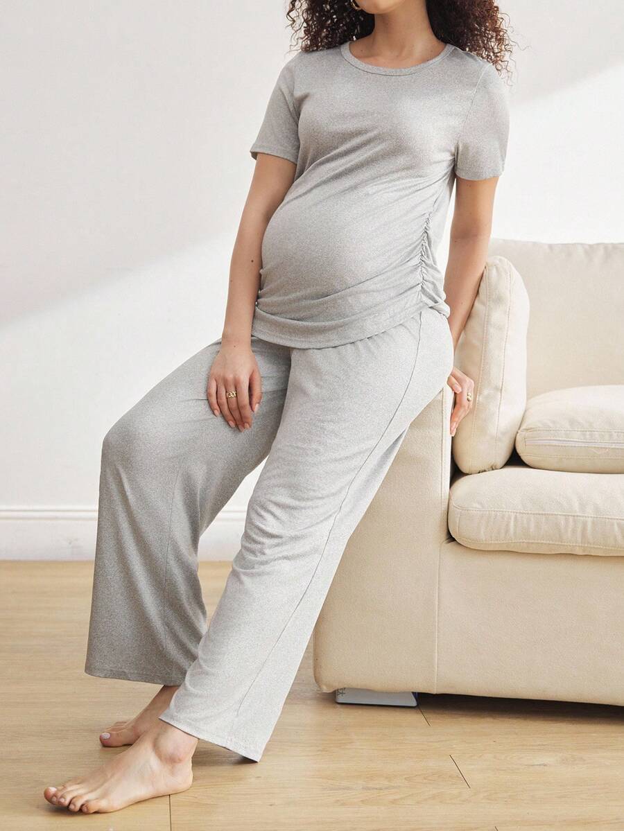 Maternity Pleated Pajama Set Women Comfortable Nursing Sleepwear Pleated Top and Pants Lounge Set