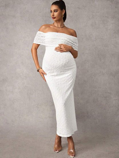 Maternity Off Shoulder Maxi Dress - Bodycon, Cap Sleeve, Apricot, Wedding