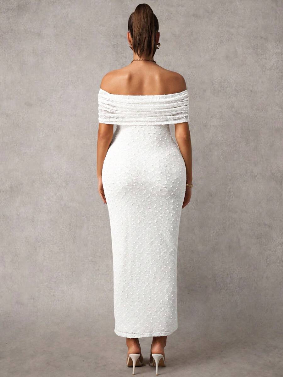 Maternity Off Shoulder Maxi Dress - Bodycon, Cap Sleeve, Apricot, Wedding