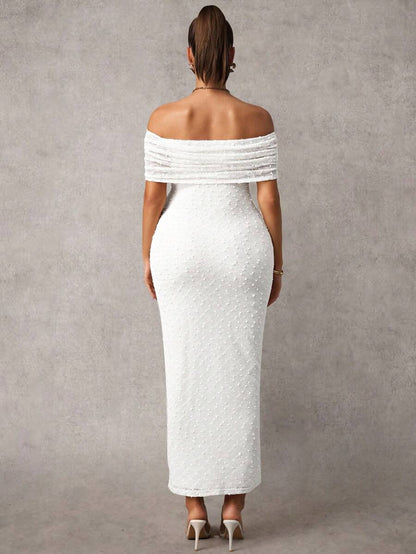 Maternity Off Shoulder Maxi Dress - Bodycon, Cap Sleeve, Apricot, Wedding
