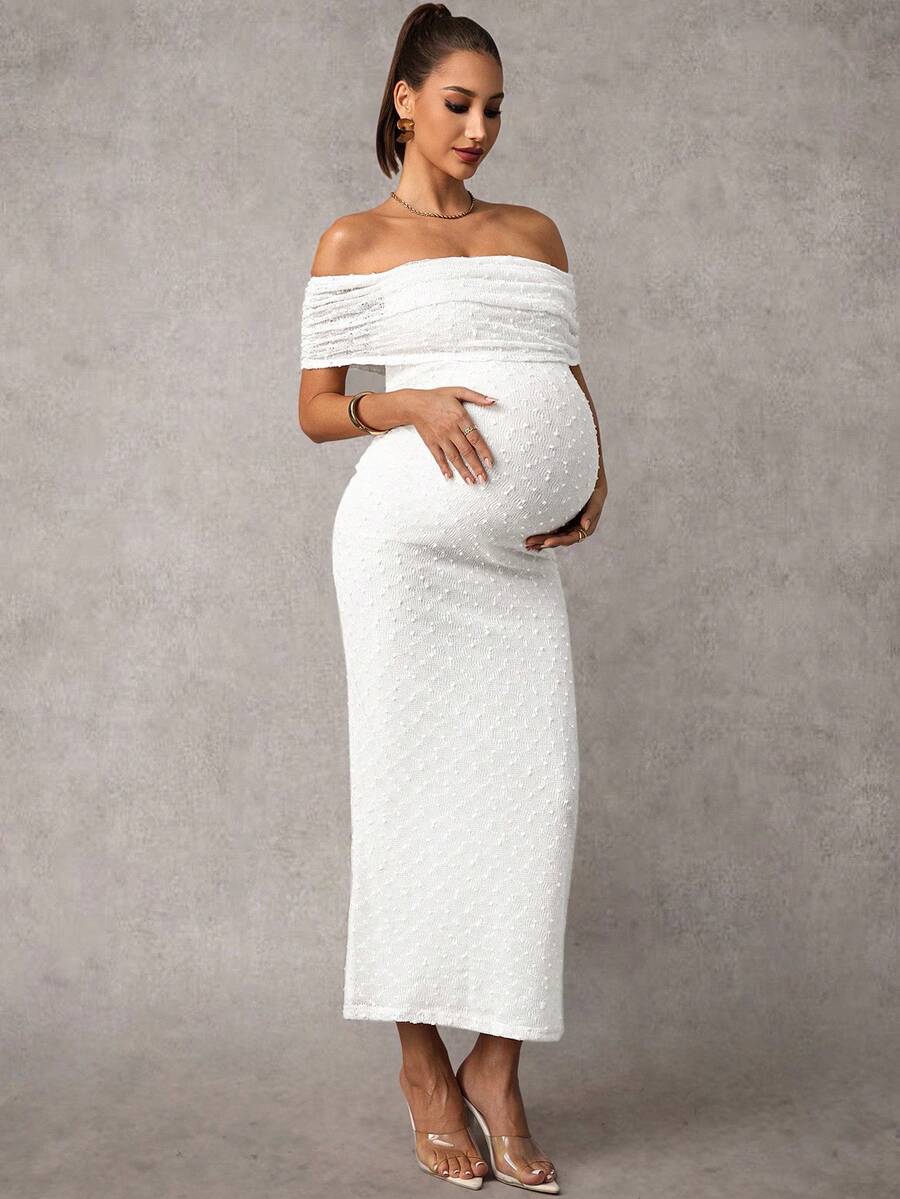 Maternity Off Shoulder Maxi Dress - Bodycon, Cap Sleeve, Apricot, Wedding