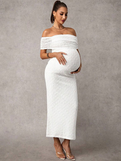 Maternity Off Shoulder Maxi Dress - Bodycon, Cap Sleeve, Apricot, Wedding