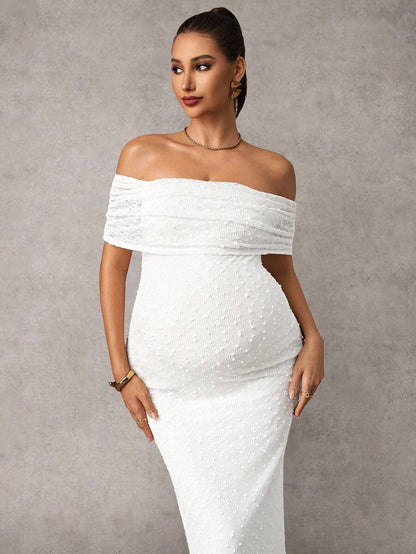 Maternity Off Shoulder Maxi Dress - Bodycon, Cap Sleeve, Apricot, Wedding