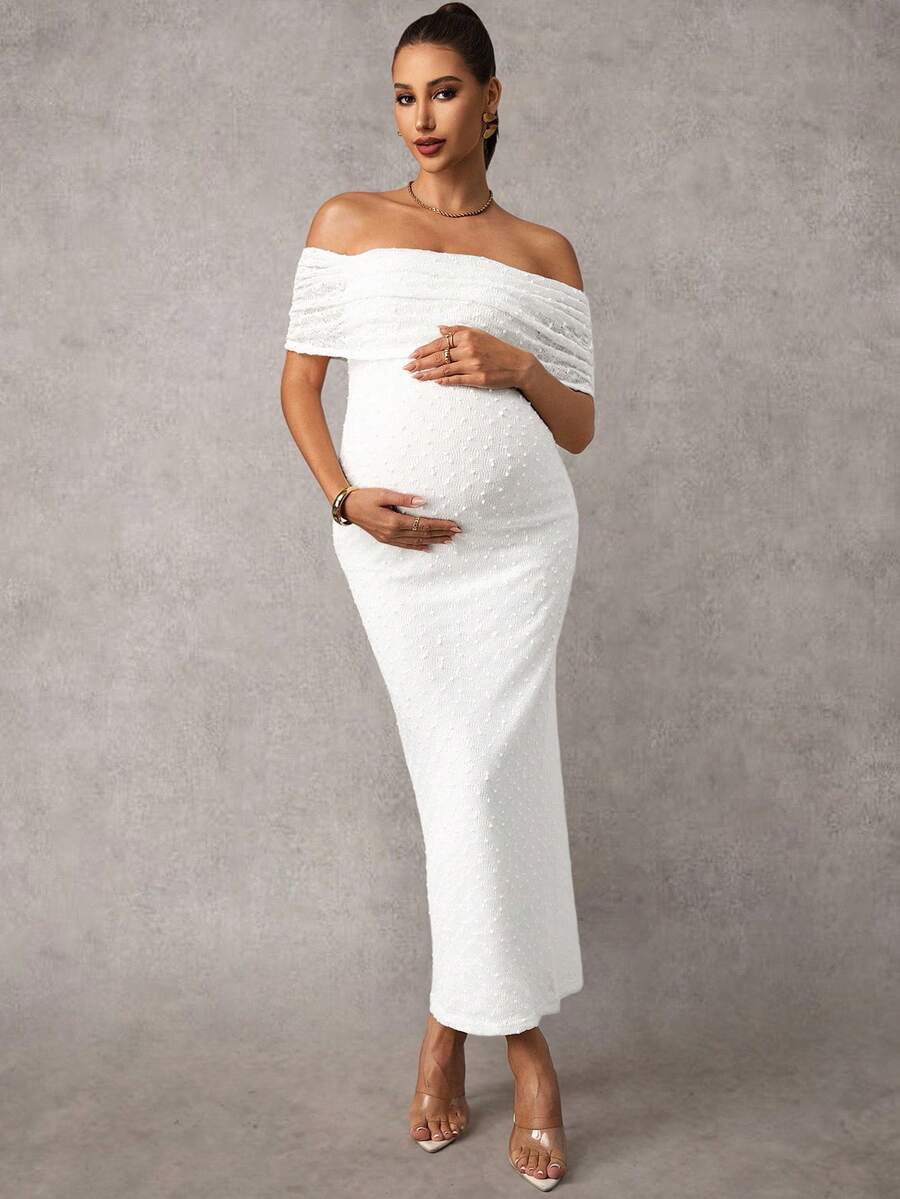 Maternity Off Shoulder Maxi Dress - Bodycon, Cap Sleeve, Apricot, Wedding