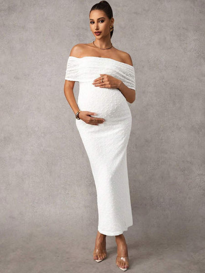Maternity Off Shoulder Maxi Dress - Bodycon, Cap Sleeve, Apricot, Wedding