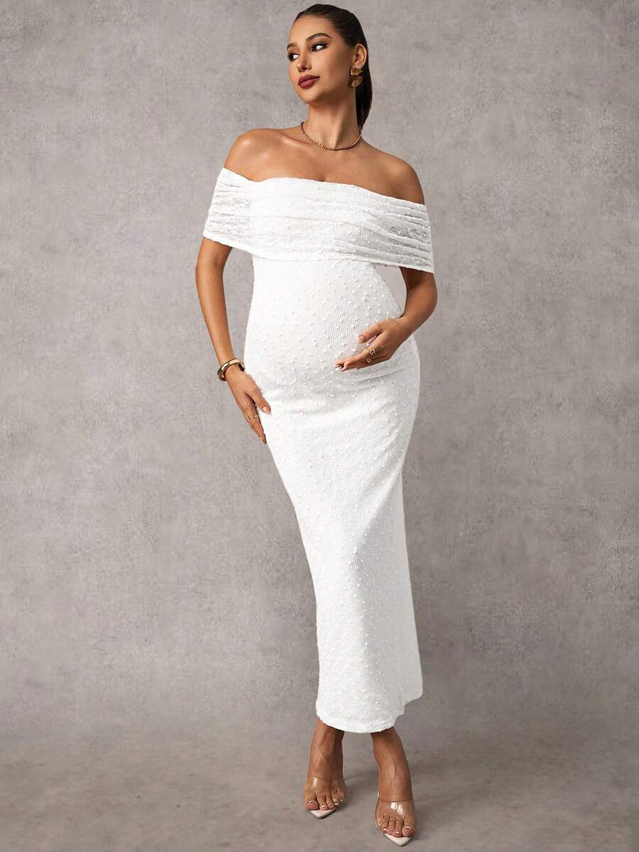 Maternity Off Shoulder Maxi Dress - Bodycon, Cap Sleeve, Apricot, Wedding