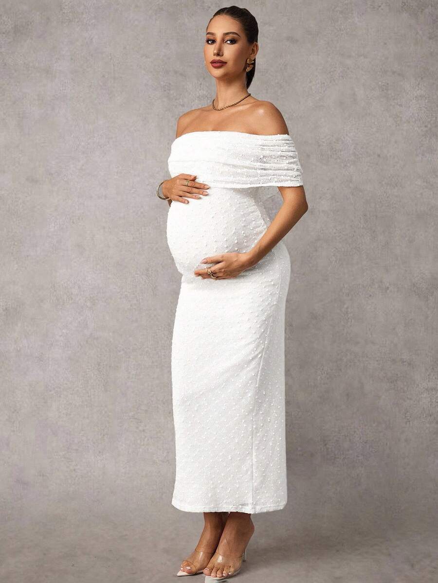 Maternity Off Shoulder Maxi Dress - Bodycon, Cap Sleeve, Apricot, Wedding