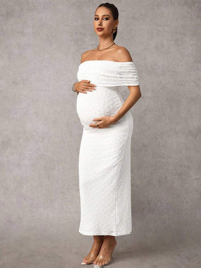 Maternity Off Shoulder Maxi Dress - Bodycon, Cap Sleeve, Apricot, Wedding