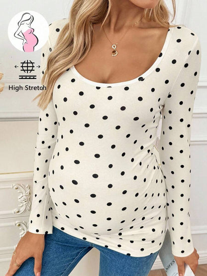 Apricot Polka Dot Maternity Top - Slim Fit Long Sleeve Scoop Neck Knitted Maternity Shirt - Soft Stretch Pregnancy T-Shirt for Office & Casual