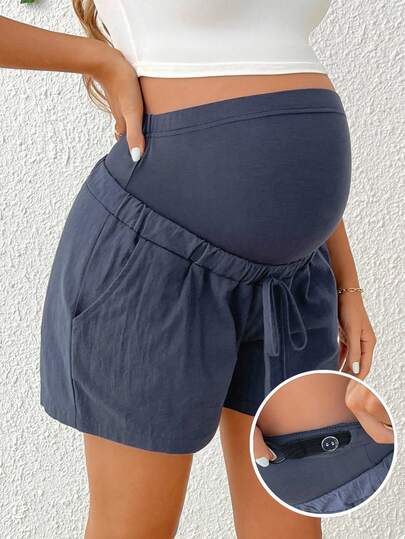 Navy Blue Striped Cotton Maternity Shorts with Pockets, High Waisted Summer Lounge Sleep Shorts with Drawstring and Elastic Waist