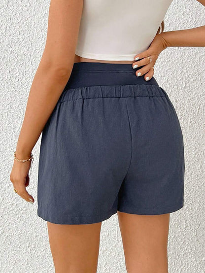 Maternity Casual High Waisted Army Green Cotton Knit Shorts with Elastic Waist and Button Detail - Soft Comfortable Pregnancy Fit