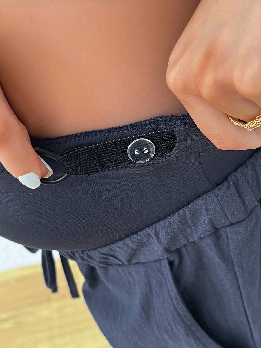 Maternity Casual High Waisted Army Green Cotton Knit Shorts with Elastic Waist and Button Detail - Soft Comfortable Pregnancy Fit