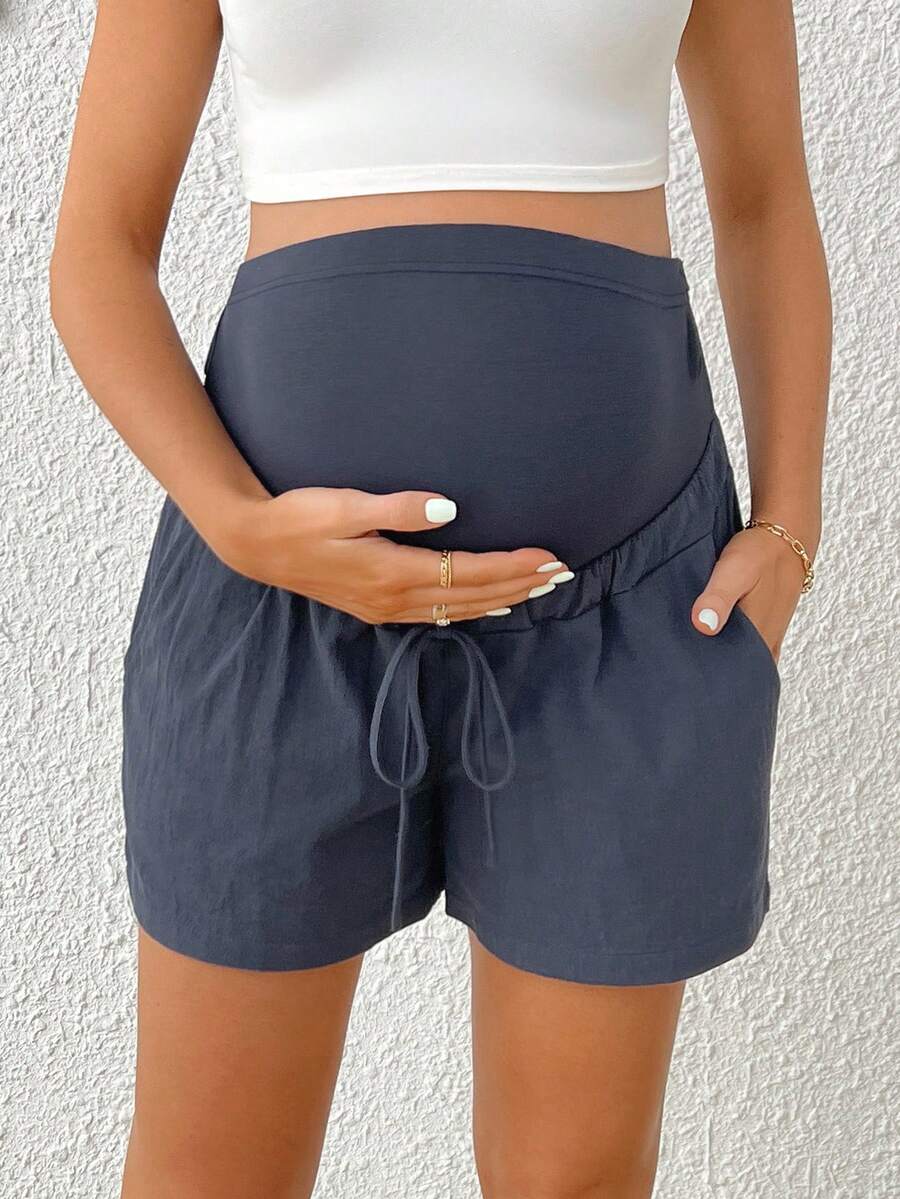 Maternity Casual High Waisted Army Green Cotton Knit Shorts with Elastic Waist and Button Detail - Soft Comfortable Pregnancy Fit