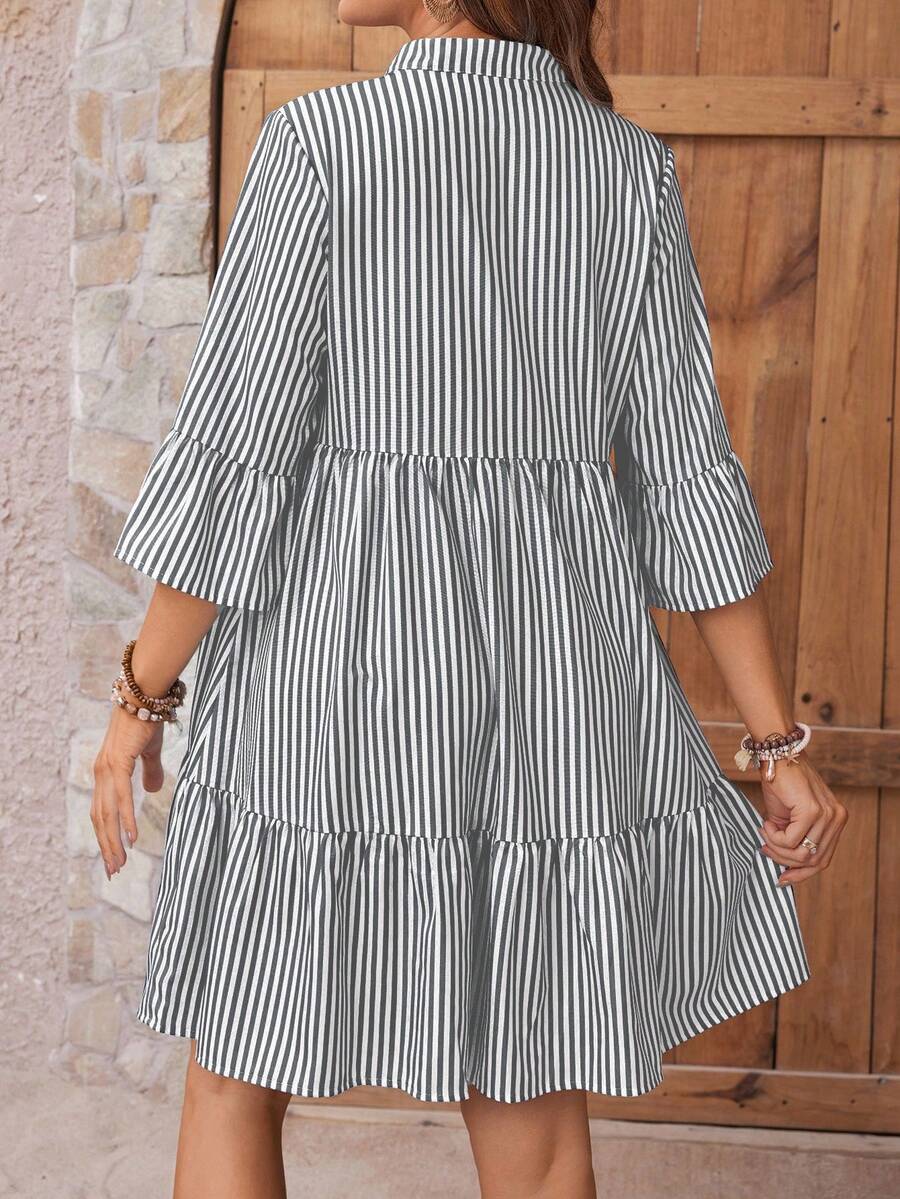 Maternity Striped Smock Dress - Notched Neck, Flounce Sleeve, High Waist, Navy Blue