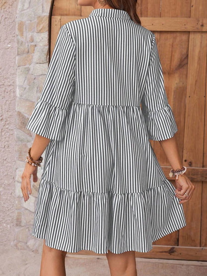 Maternity Striped Smock Dress - Notched Neck, Flounce Sleeve, High Waist, Navy Blue