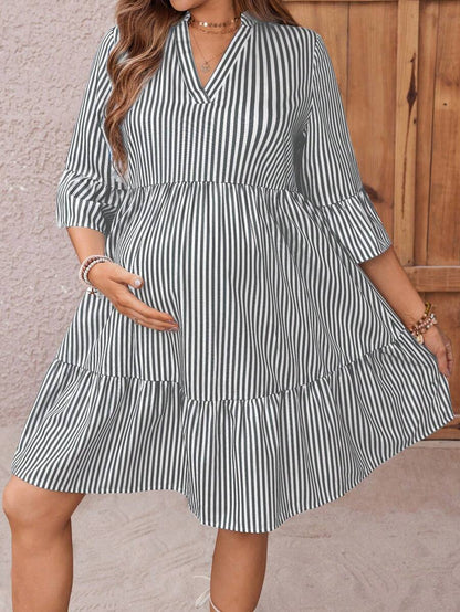 Maternity Striped Smock Dress - Notched Neck, Flounce Sleeve, High Waist, Navy Blue
