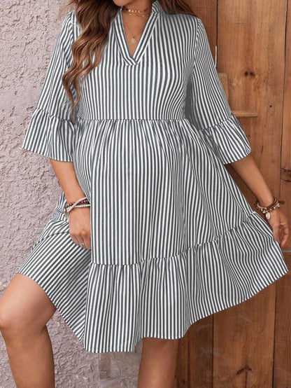 Maternity Striped Smock Dress - Notched Neck, Flounce Sleeve, High Waist, Navy Blue
