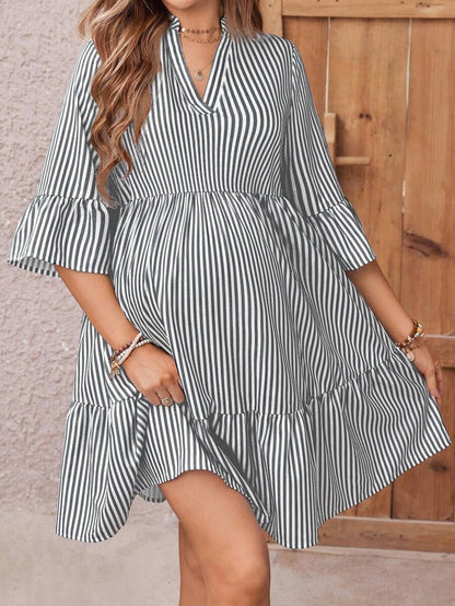 Maternity Striped Smock Dress - Notched Neck, Flounce Sleeve, High Waist, Navy Blue