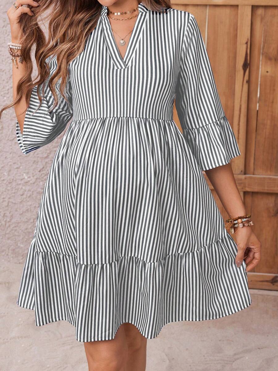 Maternity Striped Smock Dress - Notched Neck, Flounce Sleeve, High Waist, Navy Blue