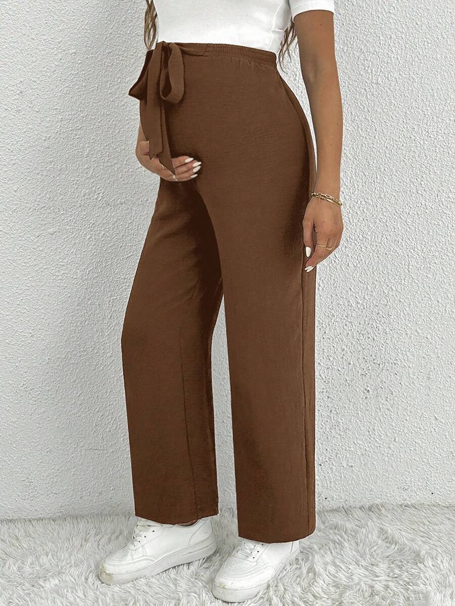 Maternity Straight Leg Pants - Belted Waist, Cooling Fabric, Ultra High Waist, Black