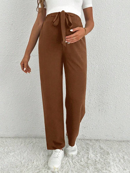 Maternity Straight Leg Pants - Belted Waist, Cooling Fabric, Ultra High Waist, Black