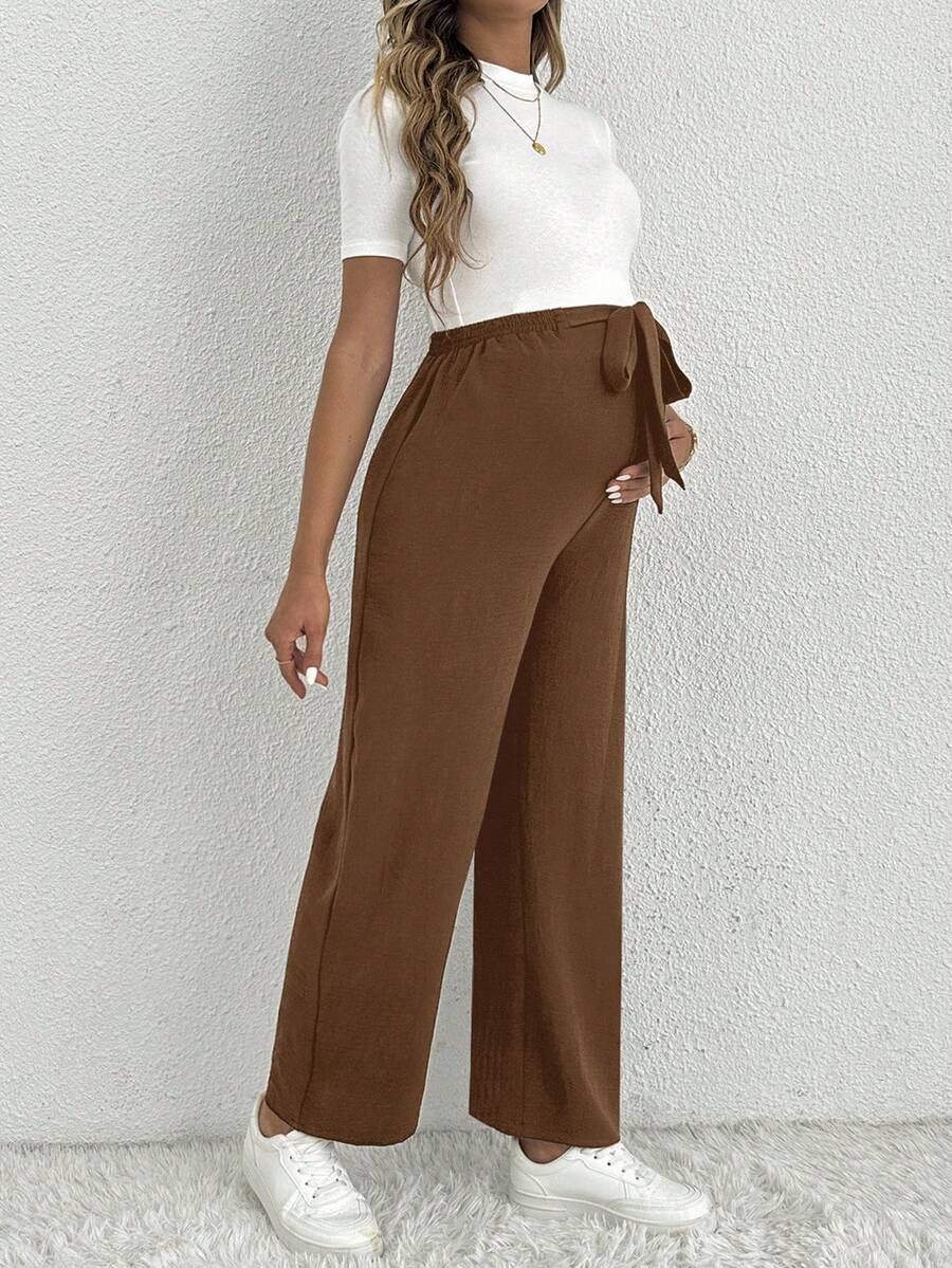 Maternity Straight Leg Pants - Belted Waist, Cooling Fabric, Ultra High Waist, Black