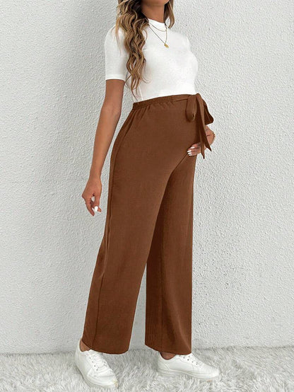 Maternity Straight Leg Pants - Ultra High Waist, Elastic Waist, Knot Detail, Navy Blue