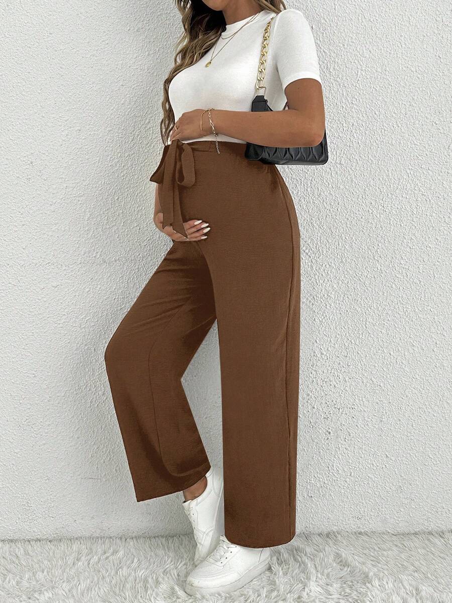 Maternity Straight Leg Pants - Belted Waist, Cooling Fabric, Ultra High Waist, Black
