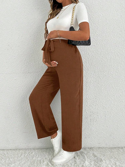 Maternity Straight Leg Pants - Ultra High Waist, Elastic Waist, Knot Detail, Navy Blue