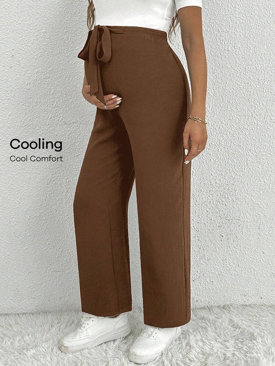 Maternity Straight Leg Pants - Ultra High Waist, Elastic Waist, Knot Detail, Navy Blue