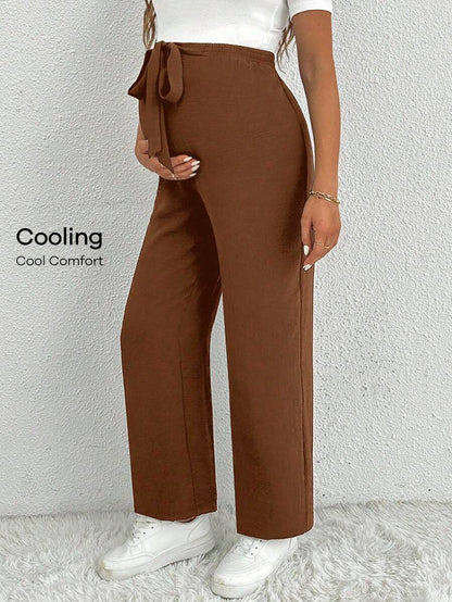 Maternity Straight Leg Pants - Belted Waist, Cooling Fabric, Ultra High Waist, Black