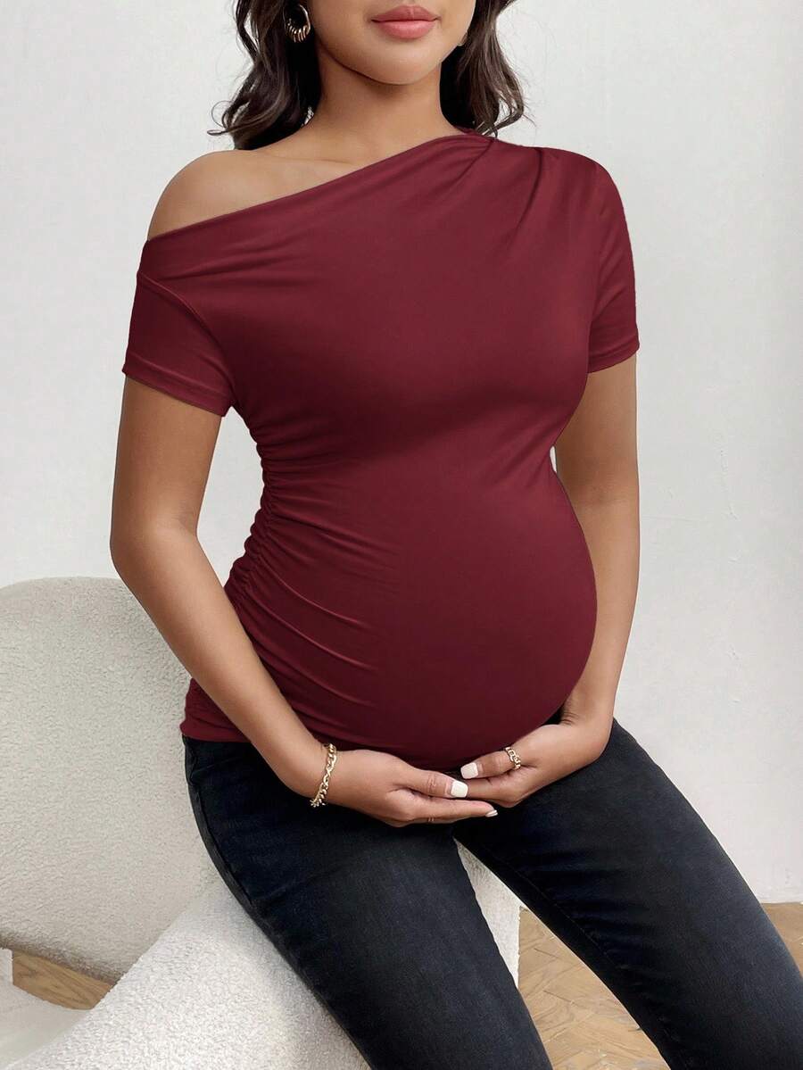 Maternity Asymmetrical Neck Tee - Short Sleeve, Slim Fit, High Stretch, Black