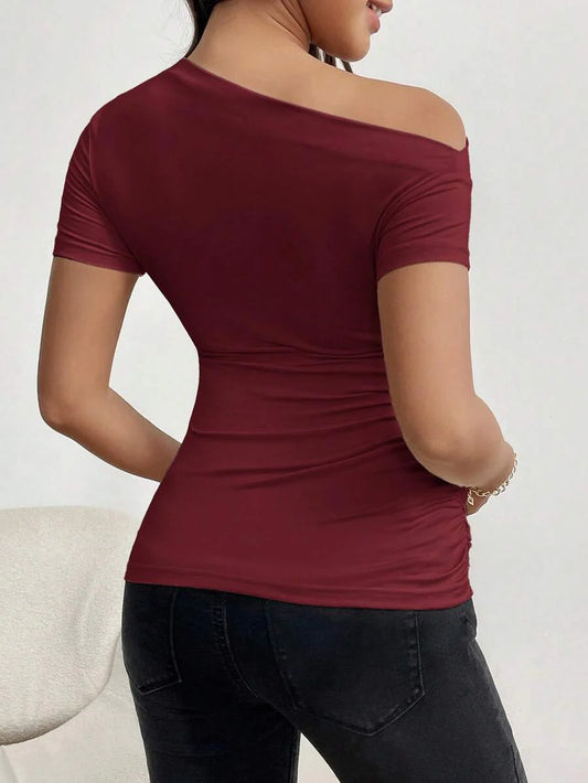 Burgundy Asymmetrical Neck Ruched Maternity T-Shirt - Slim Fit High Stretch Short Sleeve Casual Summer Pregnancy Top