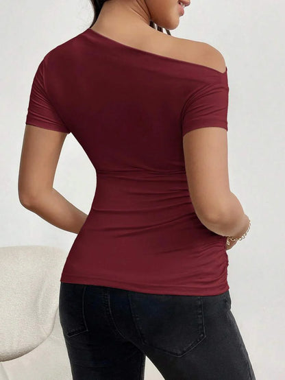 Maternity Asymmetrical Neckline Ruched T-Shirt - Short Sleeve Slim Fit Pleated Knit Top for Casual Daily Wear