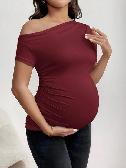 Burgundy Asymmetrical Neck Ruched Maternity T-Shirt - Slim Fit High Stretch Short Sleeve Casual Summer Pregnancy Top